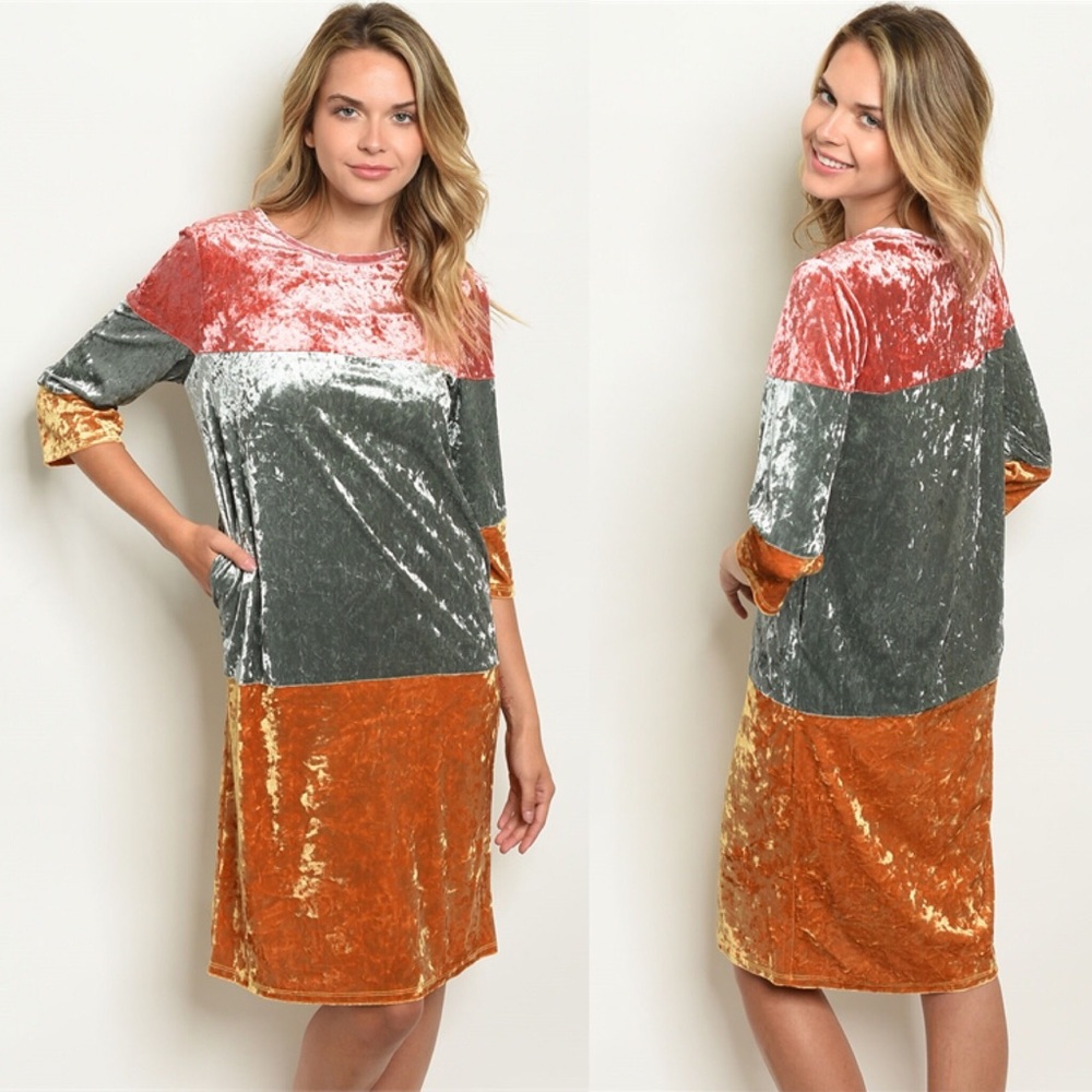 3/4 Sleeve Scoop Neck Color Block Velvet Dress